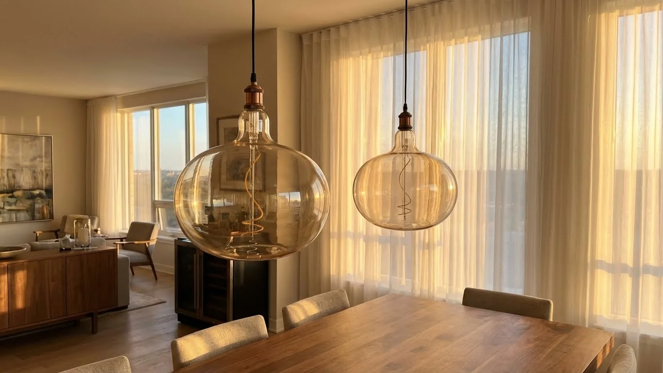 Two oversized G200 pendants over a dining table at golden hour