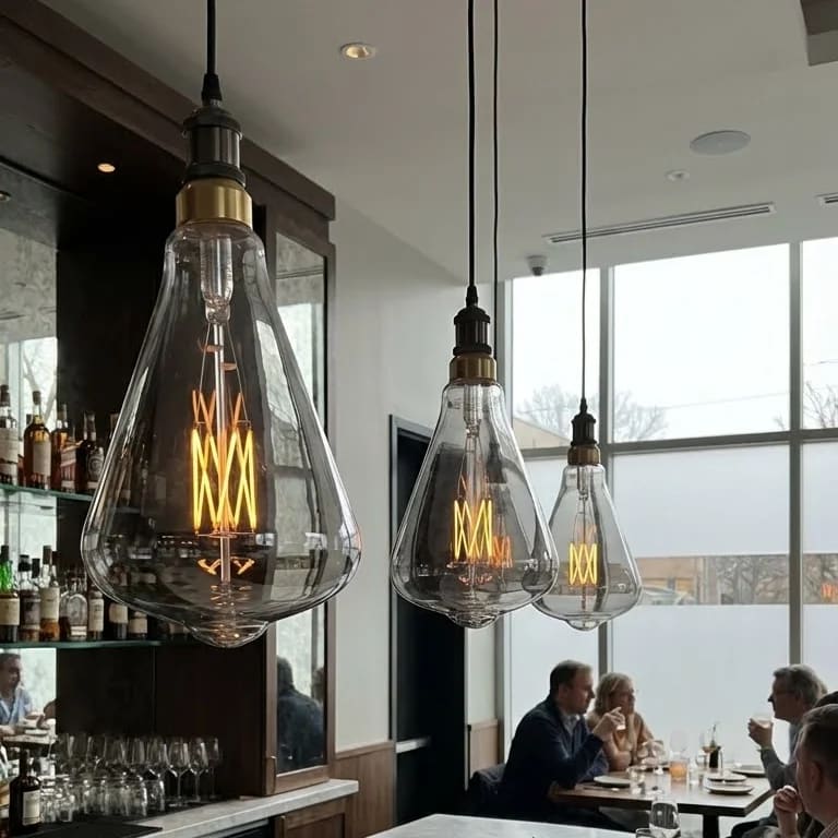 Cluster of clear teardrop bulbs above a daylit restaurant